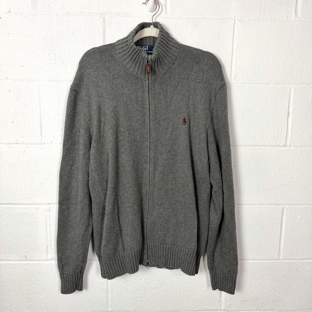Polo Ralph Lauren Men's Full Zip Cardigan Sweater SZ XL Gray Mock Neck Academia